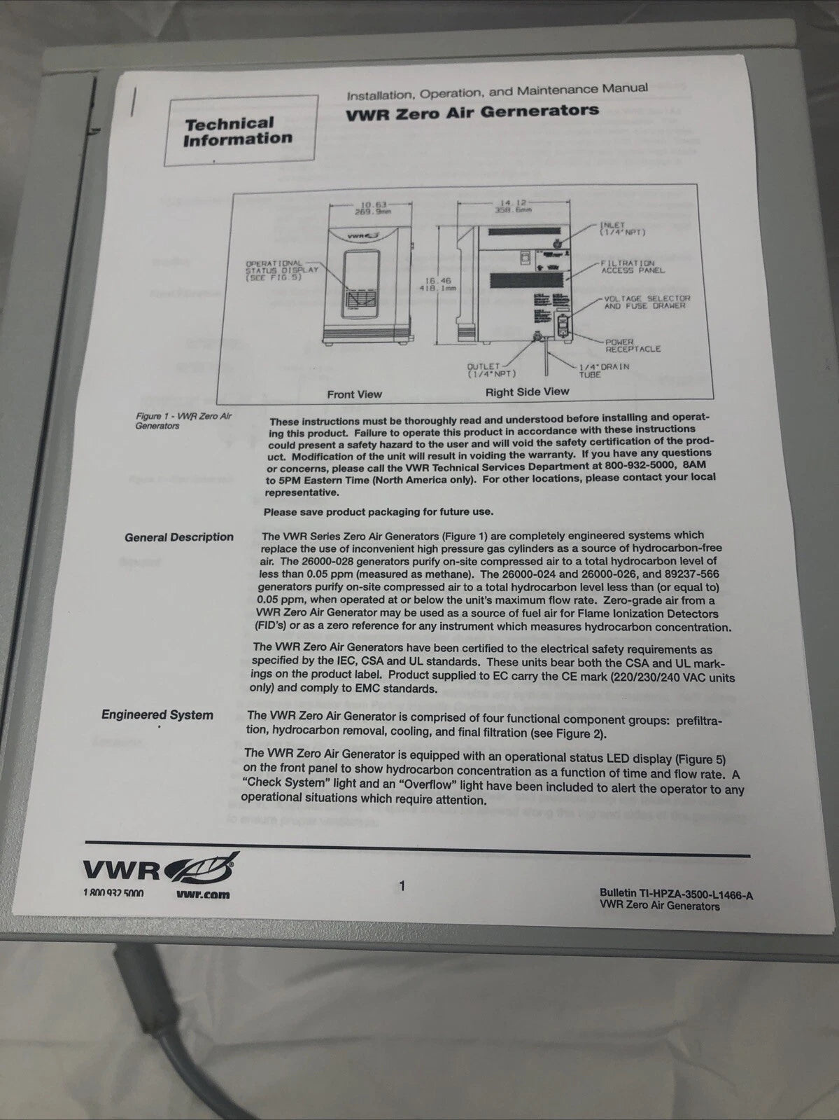 VWR Parker Balston HPZA-3500 L1466 Zero Air Generator