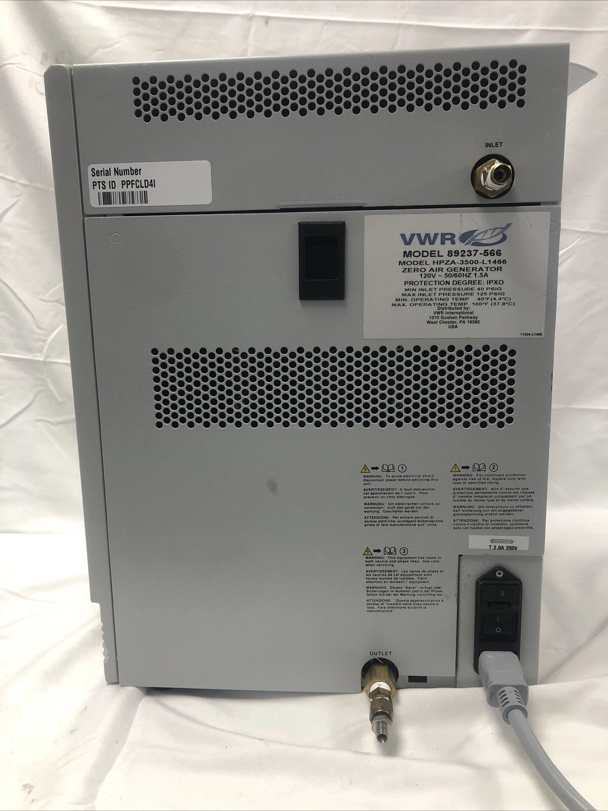VWR Parker Balston HPZA-3500 L1466 Zero Air Generator