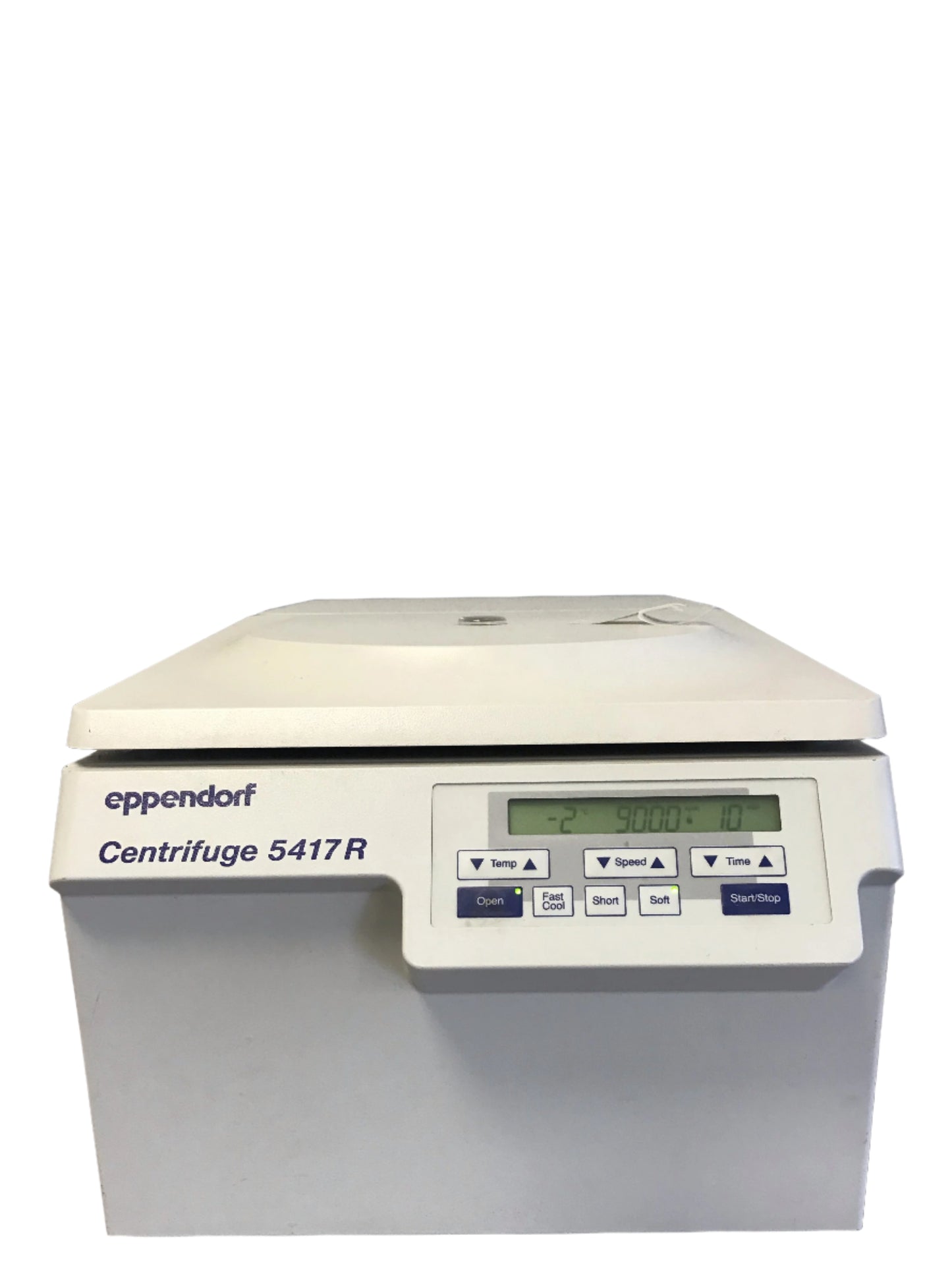 Eppendorf 5417R refrigerated centrifuge with a digital display, keypad, and a double-locking lid. Tested and warranted for 30 days.