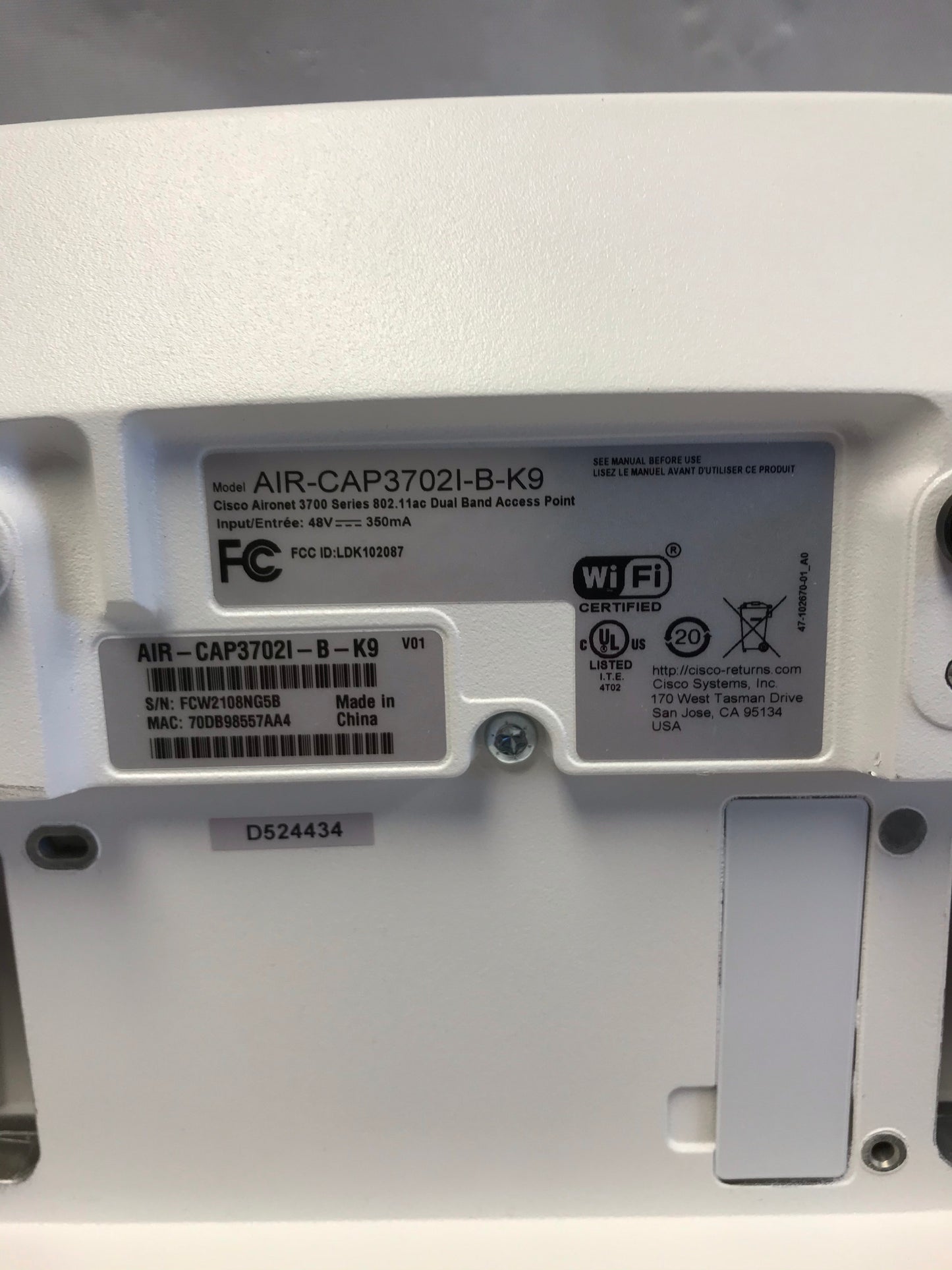 Cisco Aironet 3702I Wireless 802.11ac Access Point AIR-CAP3702I-B-K9