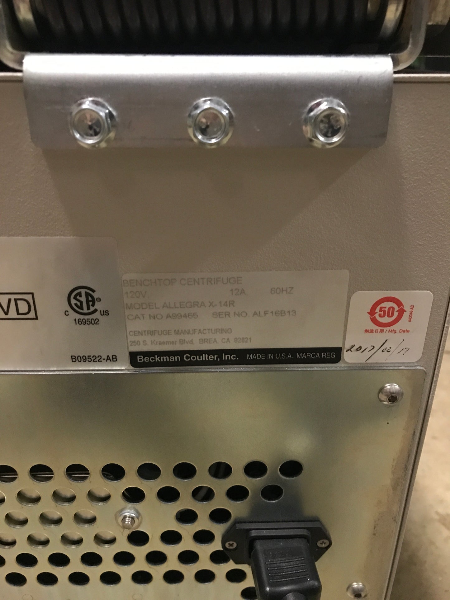 Beckman Coulter Centrifuge, Model Allegra X-14R in1566-16 ALF16B13