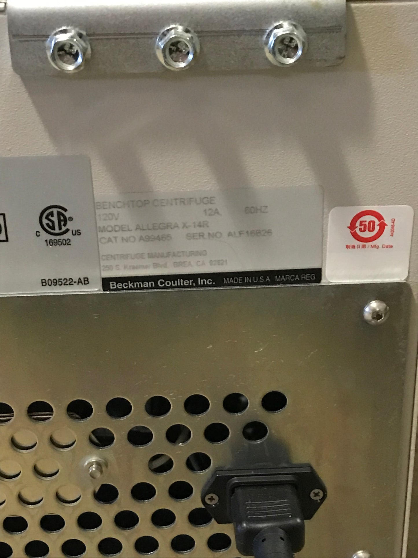 Beckman Coulter Centrifuge, Model Allegra X-14R in1566-14 ALF16B26