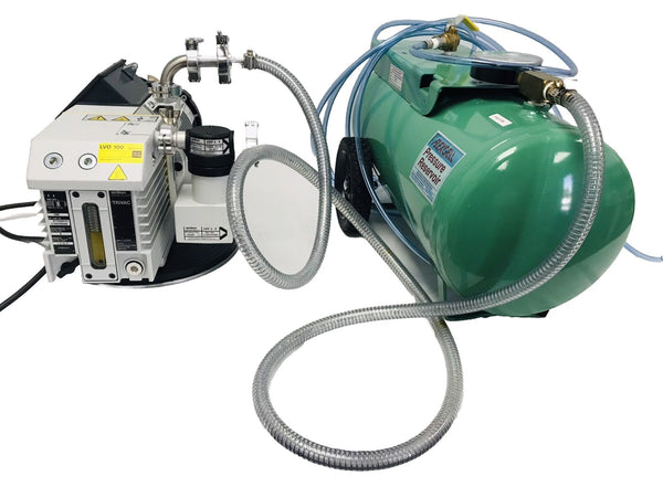 Leybold Trivac D8B Vacuum Pump with ARP 4-8 Exhaust Filter & Flexcell PR-4000 Reservoir