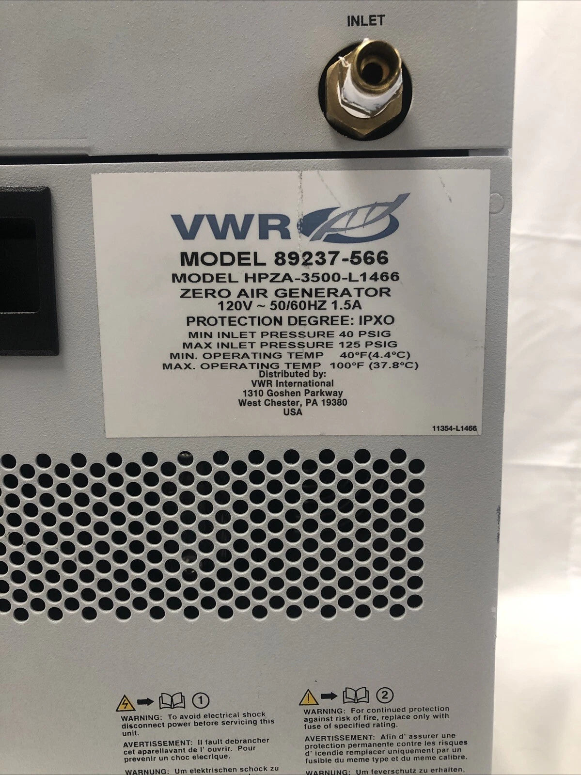 VWR Parker Balston HPZA-3500 L1466 Zero Air Generator
