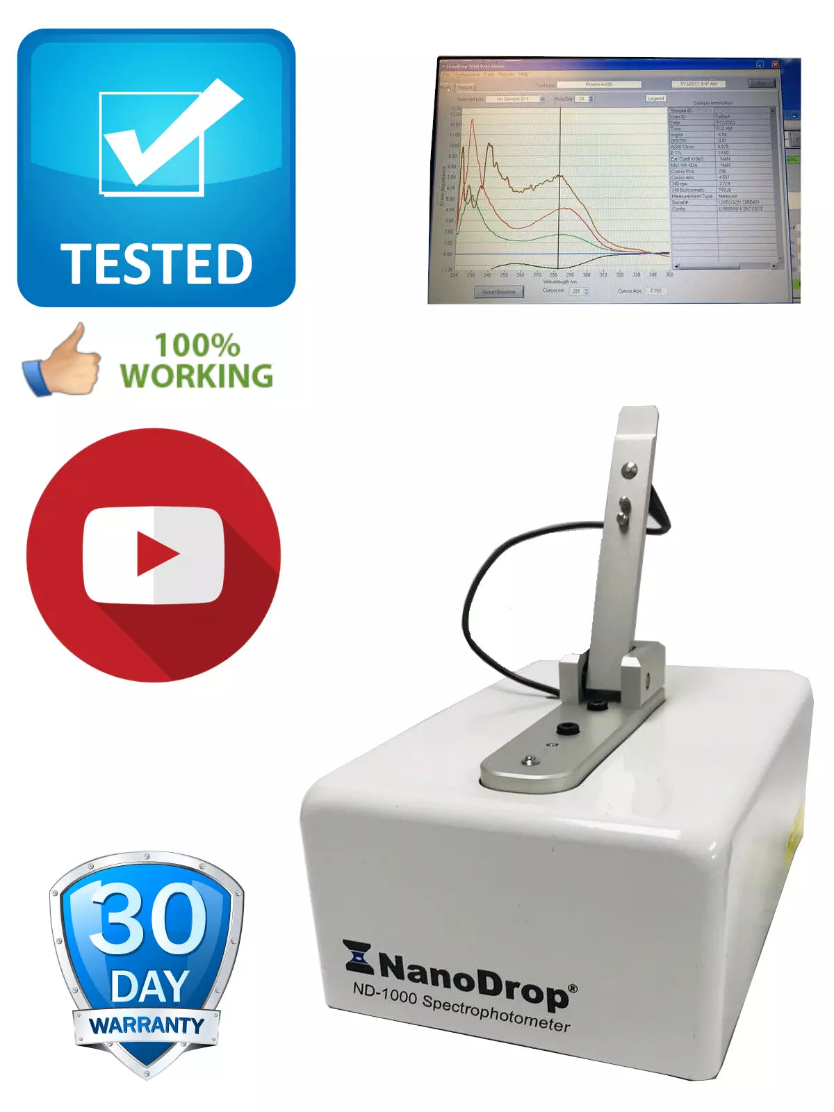 Thermo ND-1000 NanoDrop UV/VIS Spectrophotometer Tested Working Video Warranty