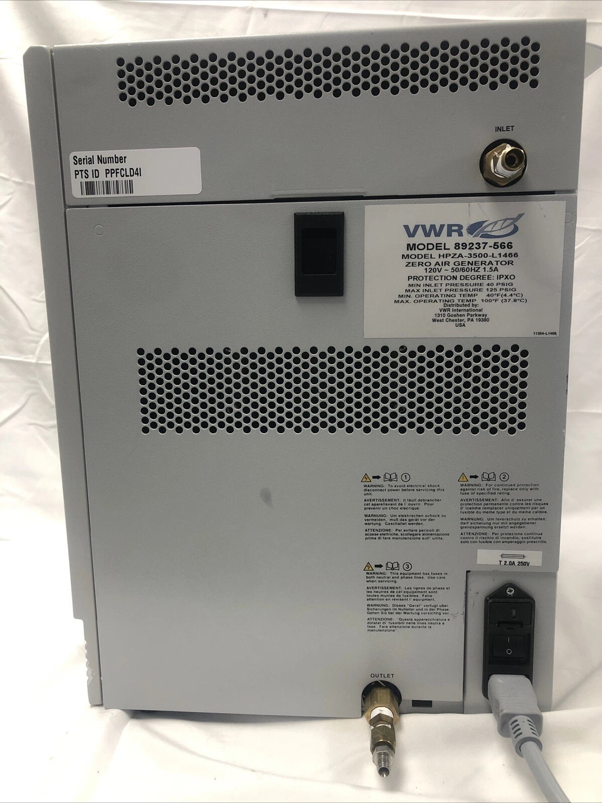 VWR Parker Balston HPZA-3500 L1466 Zero Air Generator