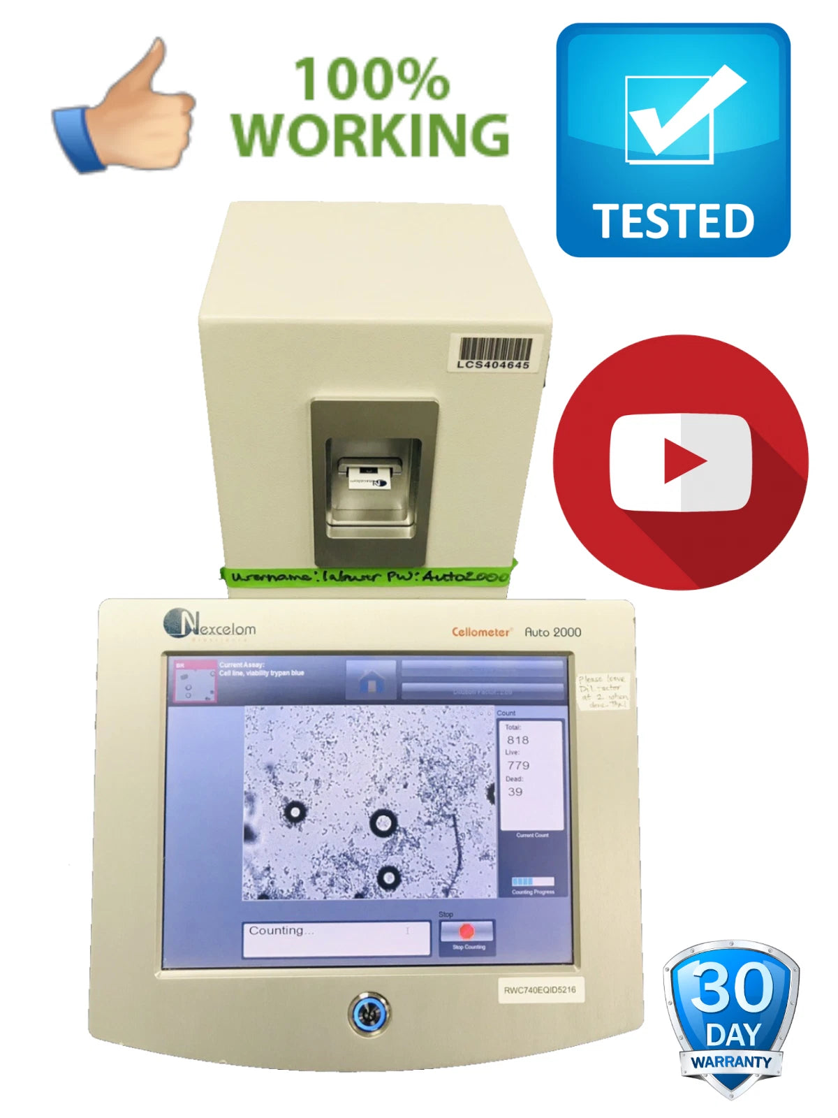 Nexcelom Cellometer Auto 2000 Cell Viability Counter Profiler Warranty See Video