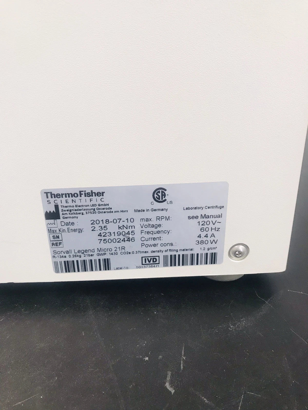 Thermo Sorvall Legend Micro 21R Refrigerated Centrifuge with 75003424 Rotor