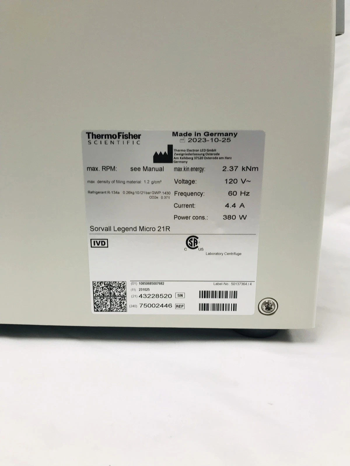 Thermo Sorvall Legend Micro 21R Refrigerated Centrifuge with 75003424 Rotor