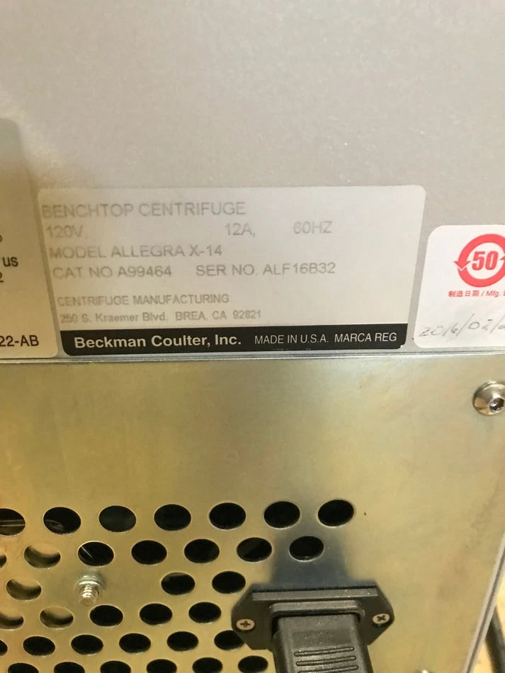 Beckman Coulter Allegra X-14 Benchtop Centrifuge A99464 with SX4750 Rotor 4x Buckets and 4x 15mL Adapters