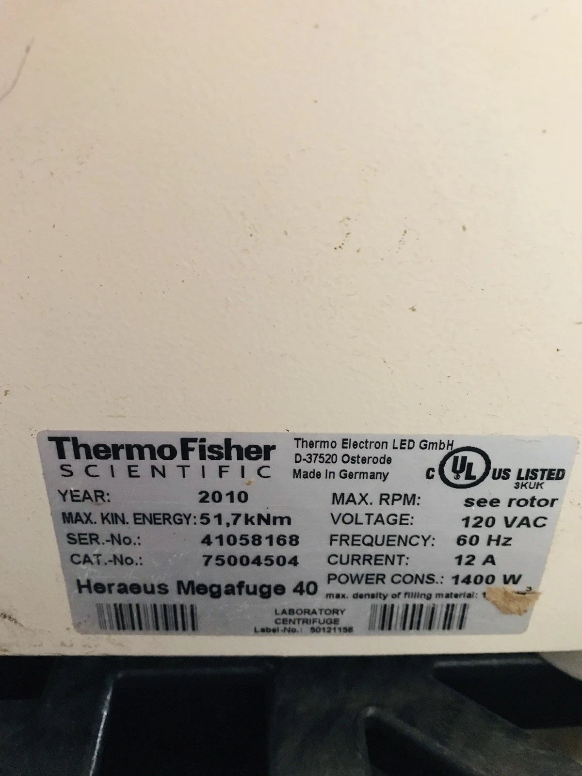 Thermo Megafuge 40 Benchtop Centrifuge with TX-750 Rotor, Buckets, Plate Carrier