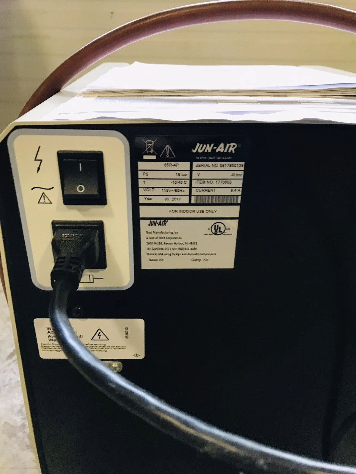 Jun-Air 85R-4P Air Compressor 4 L Oil Free Electric Medical Quiet 148hr Tested