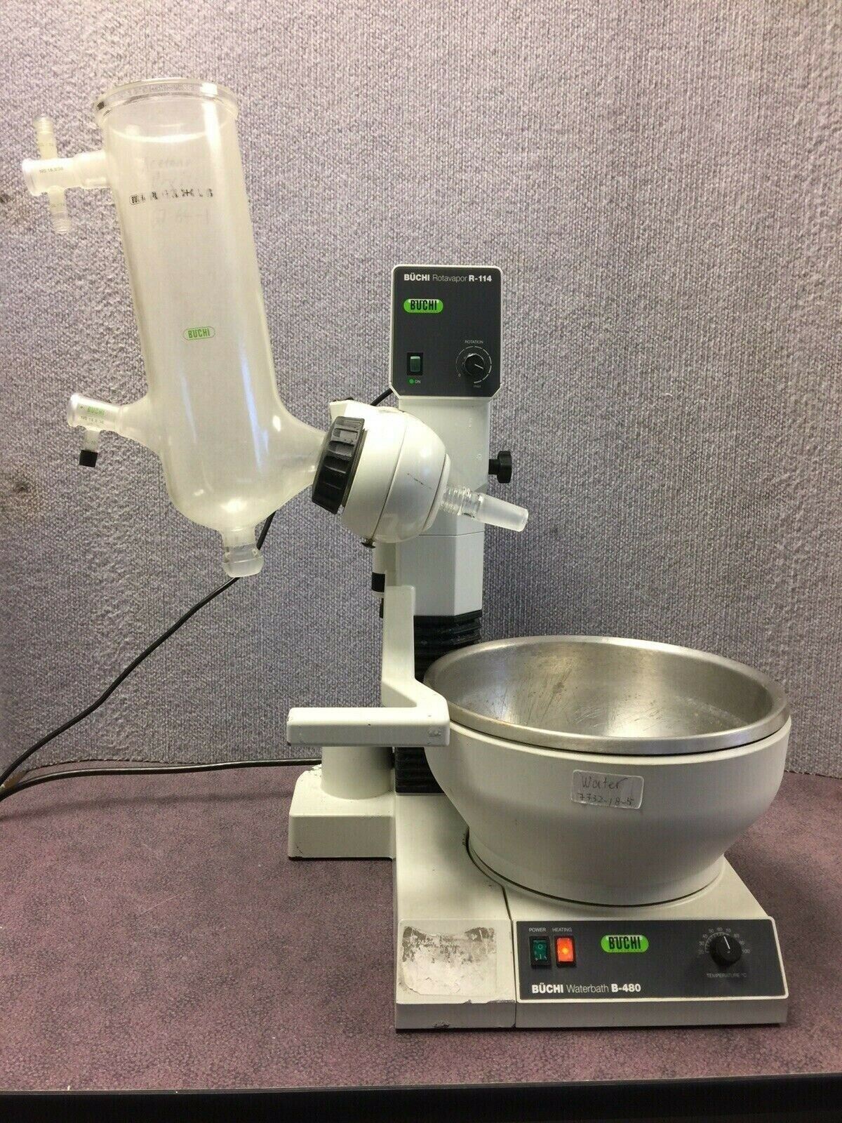 Buchi Rotavapor R-114 Rotary Evaporator B-480 Heating Waterbath and Glassware