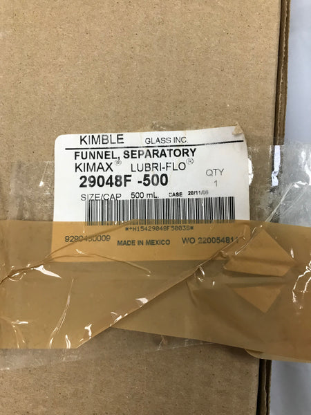 Kimble Kimax 500mL Funnel Separatory Lubri-Flo 29048F-500